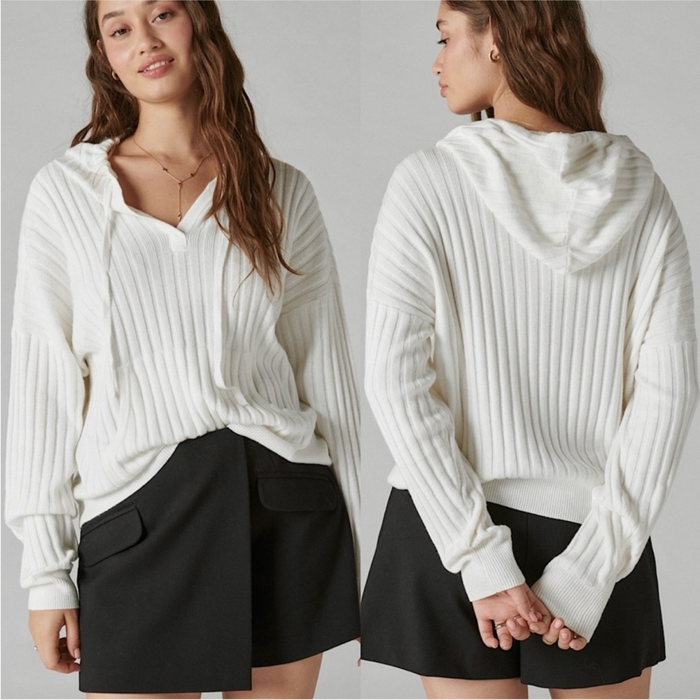 Lucky Brand Ivory Ribbed Hooded Pullover